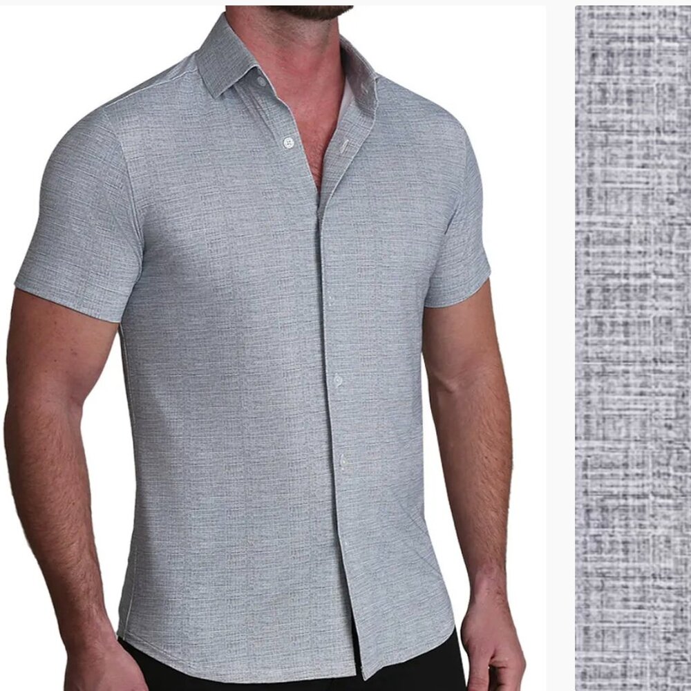 State and Liberty "The Jefferson" Light Grey Printed Linen Short Sleeve Button